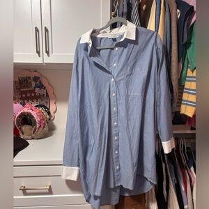 American Eagle Outfitters Blue and White Striped Contrast-Collar Shirt